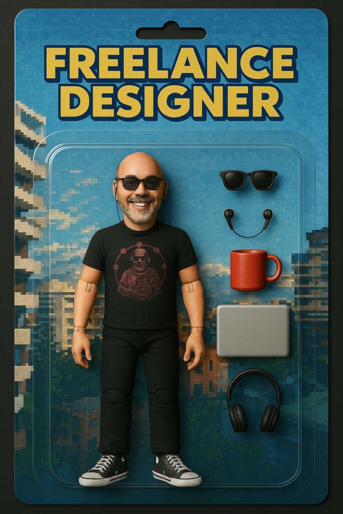 Figura de diseñador freelance representada como kit creativo, con elementos de trabajo e identidad.
