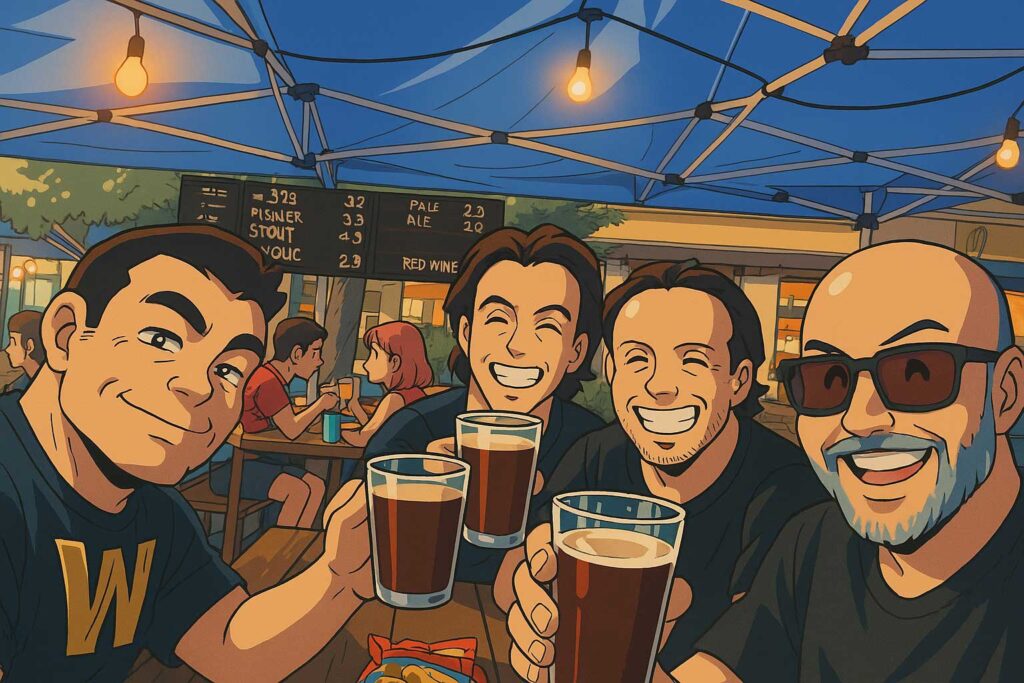 Ilustración de diseñadores creativos compartiendo experiencias en un entorno informal.